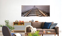 Load image into Gallery viewer, 71x27 Inch 3D Mixed Media Wall Art – Foggy Railroad Tracks with Approaching Locomotive, Industrial Steam Train in Mist, Textured Wood Metal Canvas Sculpture, Large Grey Black Brown Panoramic Wall Decor