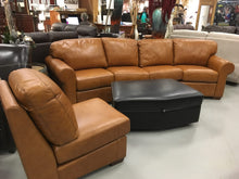 Load image into Gallery viewer, Conversational Curve all leather collection cognac or black. Storage ottoman
