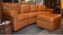 Load image into Gallery viewer, Conversational Curve all leather collection cognac or black. Storage ottoman