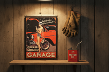 Load image into Gallery viewer, Grease Monkey vintage metal wall sign in classic garage workshop scene