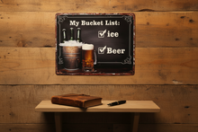 Load image into Gallery viewer, My Bucket List funny metal wall sign in rustic wanderlust home scene