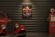 Load image into Gallery viewer, Hot Rod Garage vintage metal wall sign in classic hot rod garage scene