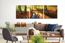 Load image into Gallery viewer, Serene Brook in Golden Autumn Forest – 3-Panel Canvas Wall Art Triptych, 36x36 Inch Each, Nature Landscape Print, Peaceful Woodland Stream Scene
