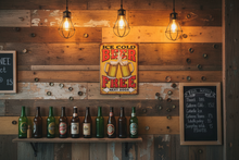 Load image into Gallery viewer, Ice Cold Beer Free metal wall sign on rustic bar wall
