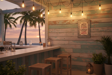 Load image into Gallery viewer, Men No Shirt No Shoes metal wall sign mounted on a beach bar wall
