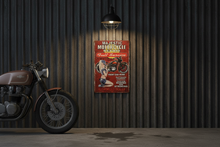 Load image into Gallery viewer, Majestic Motorcycle vintage metal wall sign in classic garage scene
