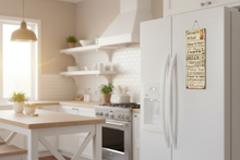 Load image into Gallery viewer, Mom's Rules metal wall sign mounted on a kitchen refrigerator
