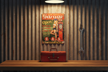Load image into Gallery viewer, Full Service Garage vintage metal wall sign in classic garage workshop scene
